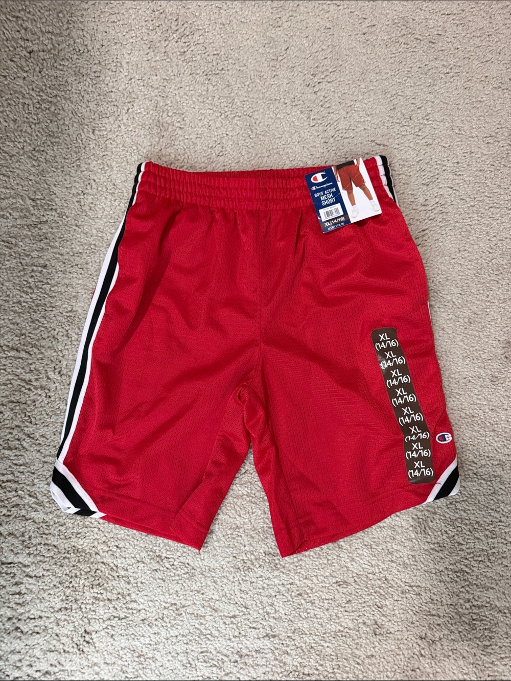 Champion Men’s Red Athletic Mesh Shorts with Black & White Side Stripes